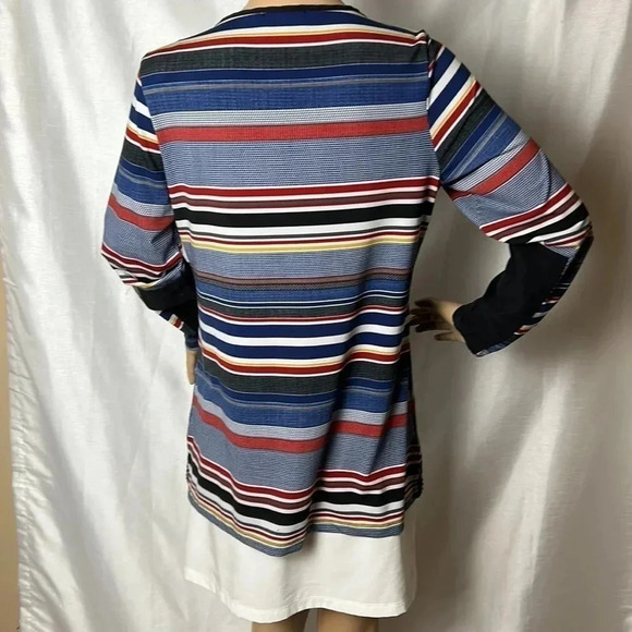 LE GRENIER striped blouse,front 3/4 zip,faux laced pocket, velvet  patches. - Picture 7 of 12